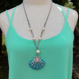 Mia Collection Turquoise Fan Pendant Necklace Faux Pearl Rhinestone Silver Tone